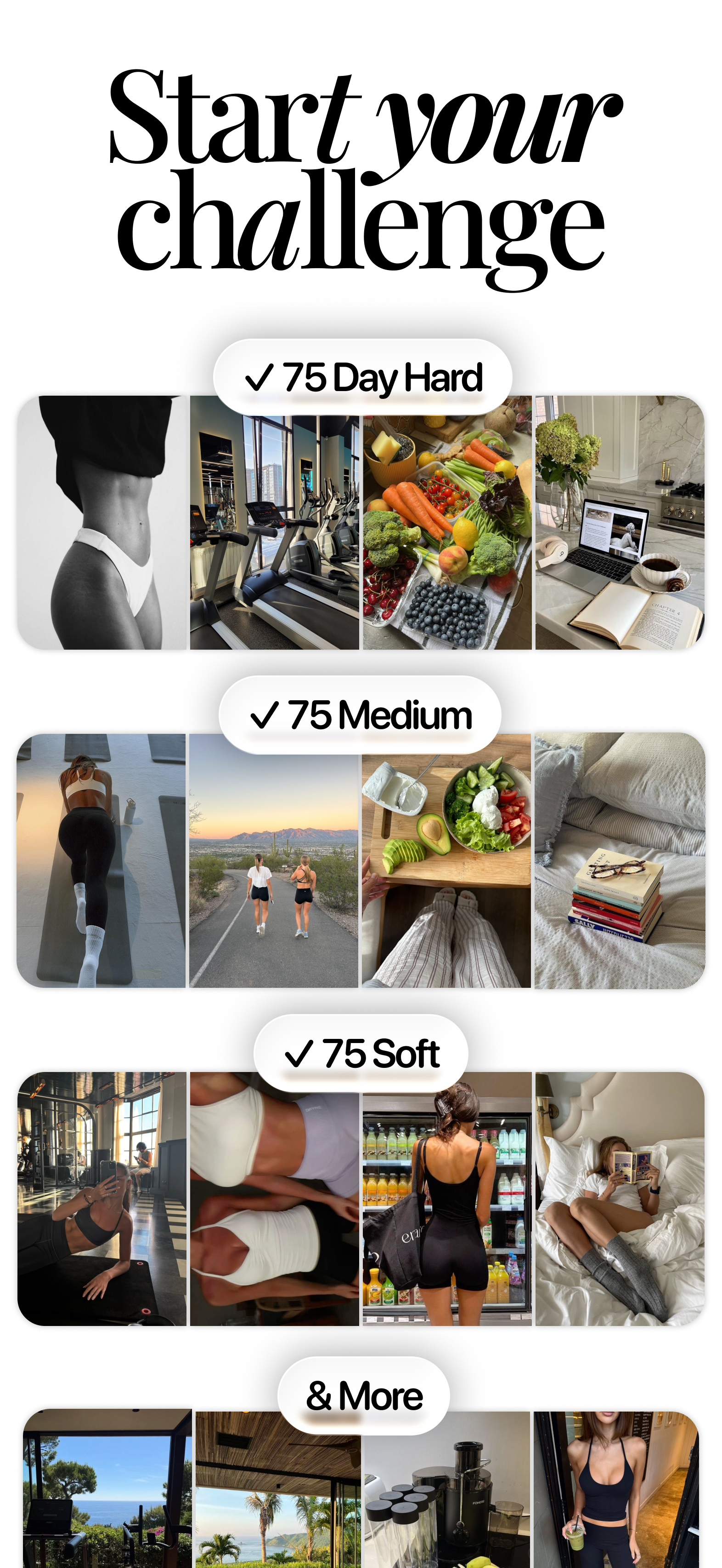 Her 75 app, start your challenge with 75 Hard, Medium or Soft